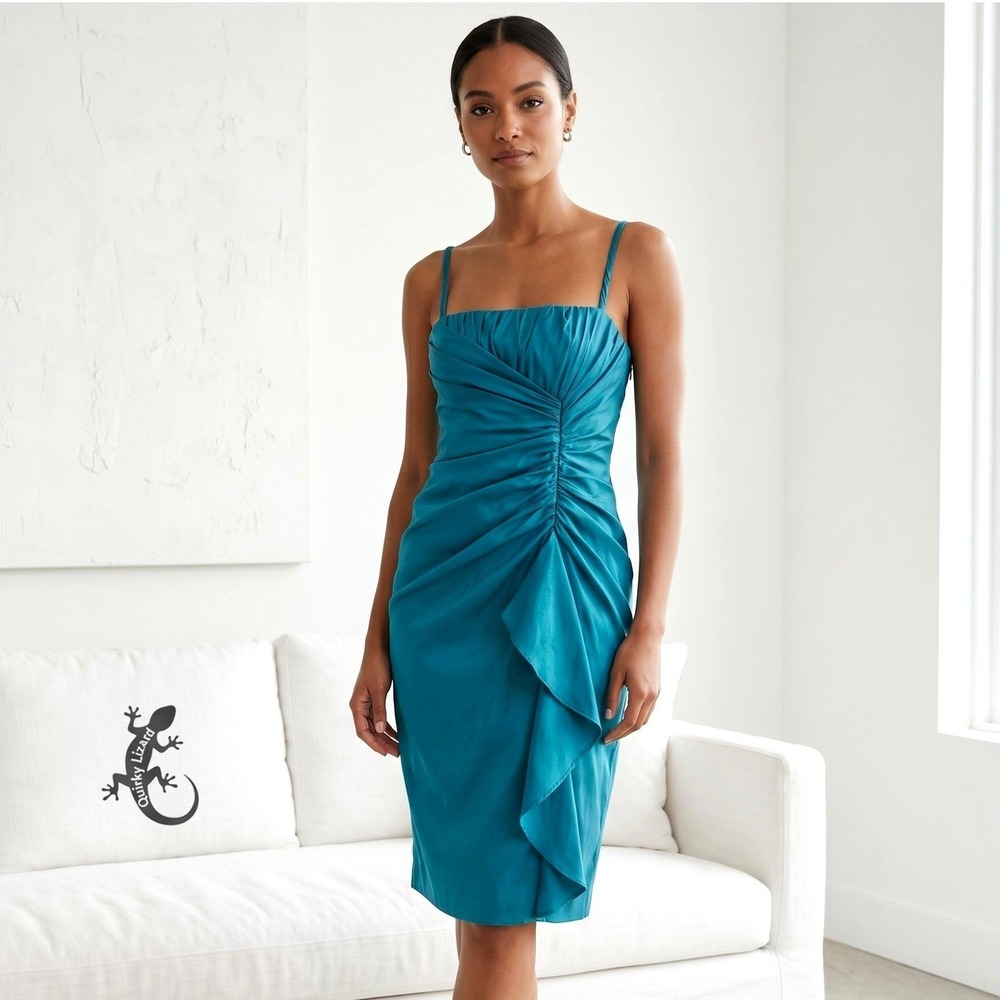 Adrianna Papell Occasions Dress Womens 4 Teal‎ Ruched Ruffle Taffeta Cocktail